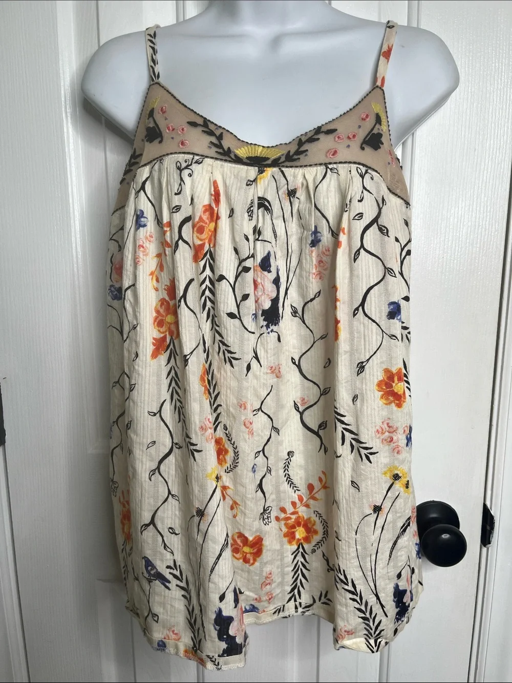 Anthropologie Lilka Mesh and Cream Floral Spaghetti Strap Tank Size Medium